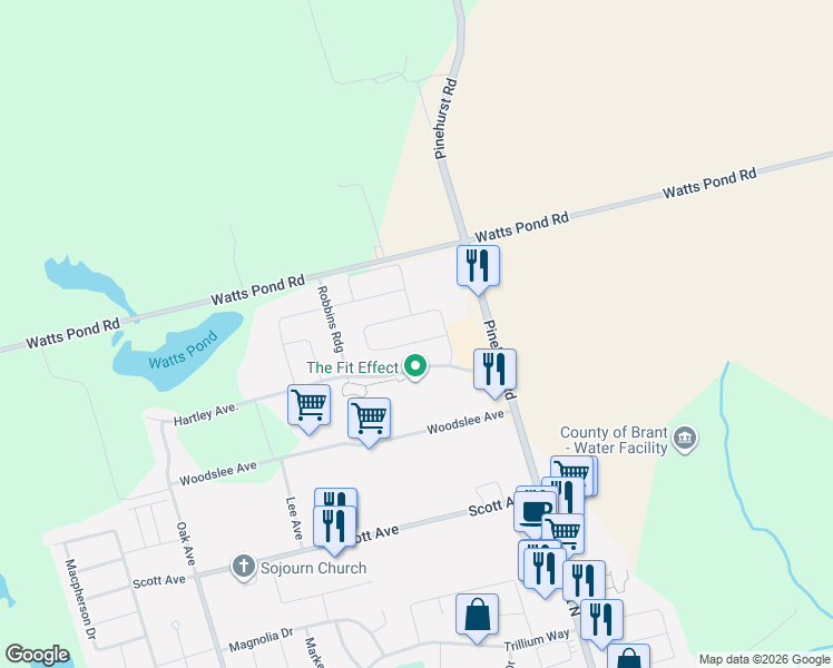 map of restaurants, bars, coffee shops, grocery stores, and more near 110 Barlow Place in Brant