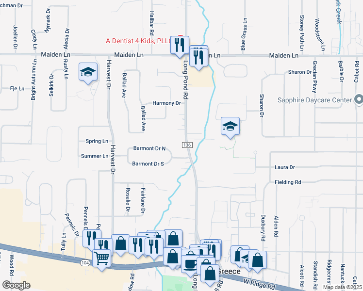 map of restaurants, bars, coffee shops, grocery stores, and more near 1143 Long Pond Road in Rochester