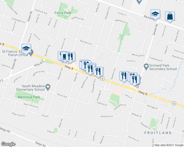 map of restaurants, bars, coffee shops, grocery stores, and more near 437 Hamilton Regional Road 8 in Hamilton