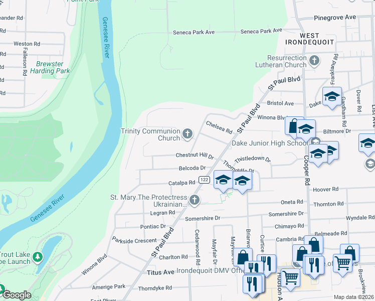 map of restaurants, bars, coffee shops, grocery stores, and more near 202 Chestnut Hill Drive in Irondequoit