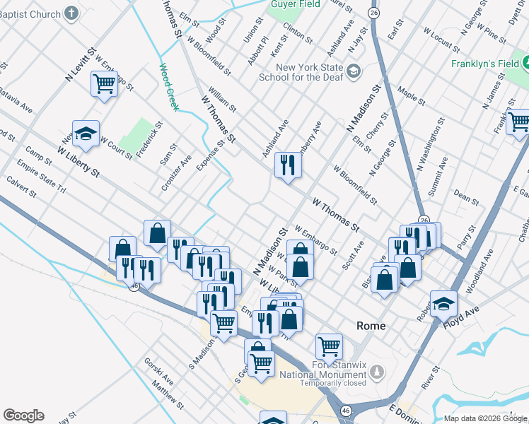 map of restaurants, bars, coffee shops, grocery stores, and more near 421 West Embargo Street in Rome