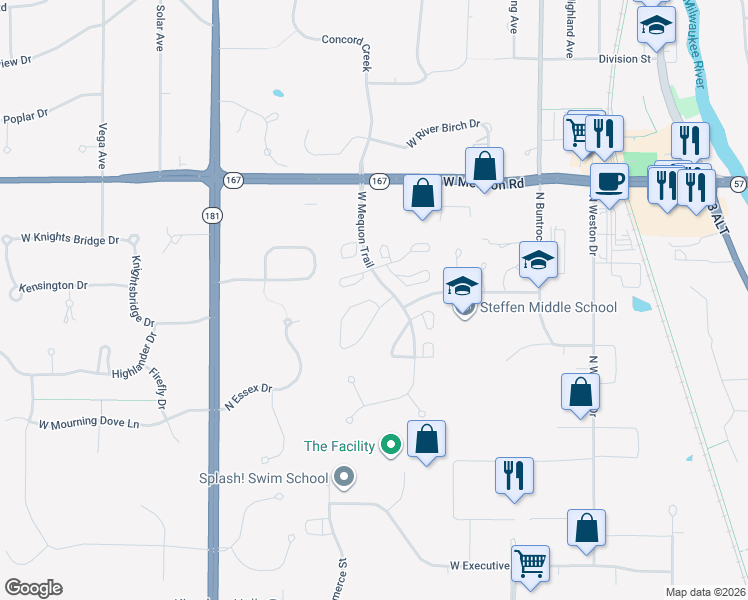 map of restaurants, bars, coffee shops, grocery stores, and more near 7100 Tamarack Court in Mequon