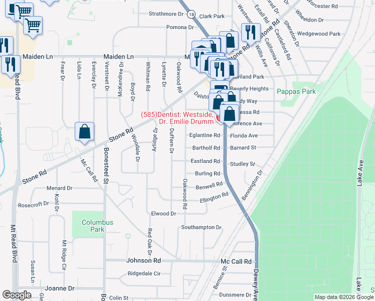 map of restaurants, bars, coffee shops, grocery stores, and more near 111 Bartholf Road in Rochester