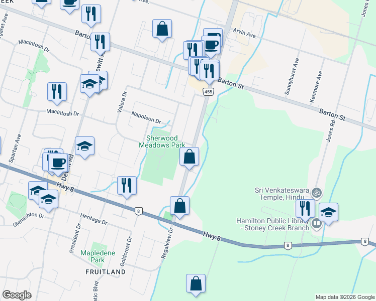 map of restaurants, bars, coffee shops, grocery stores, and more near 235 Fruitland Road in Hamilton
