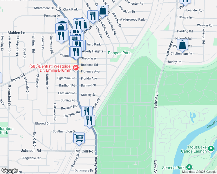 map of restaurants, bars, coffee shops, grocery stores, and more near 200 Bennington Drive in Rochester