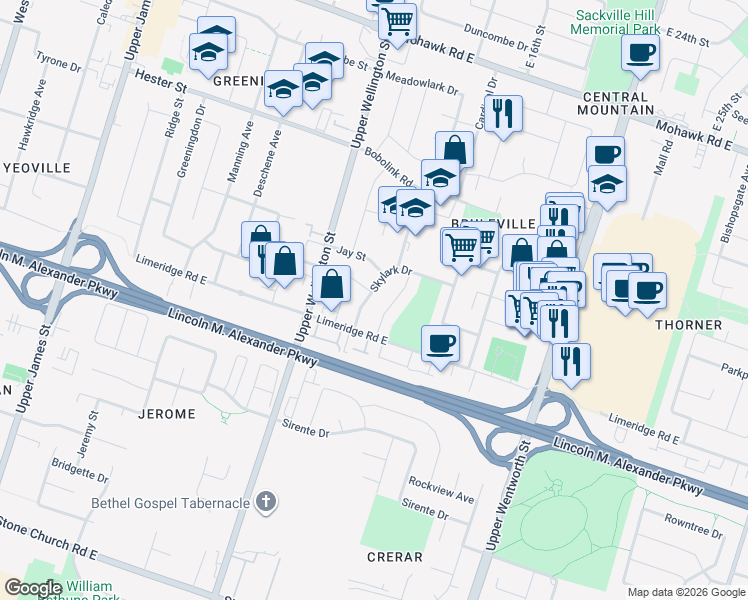 map of restaurants, bars, coffee shops, grocery stores, and more near 36 Skylark Drive in Hamilton