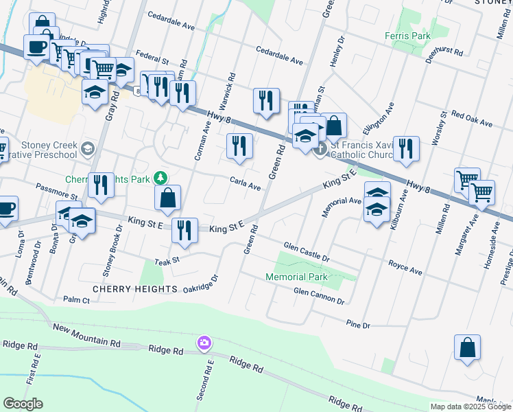 map of restaurants, bars, coffee shops, grocery stores, and more near 115 Green Road in Hamilton