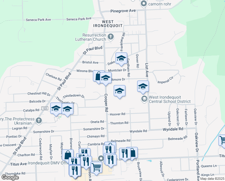 map of restaurants, bars, coffee shops, grocery stores, and more near 350 Cooper Road in Irondequoit
