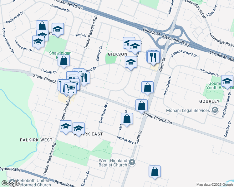 map of restaurants, bars, coffee shops, grocery stores, and more near 317 Cranbrook Drive in Hamilton