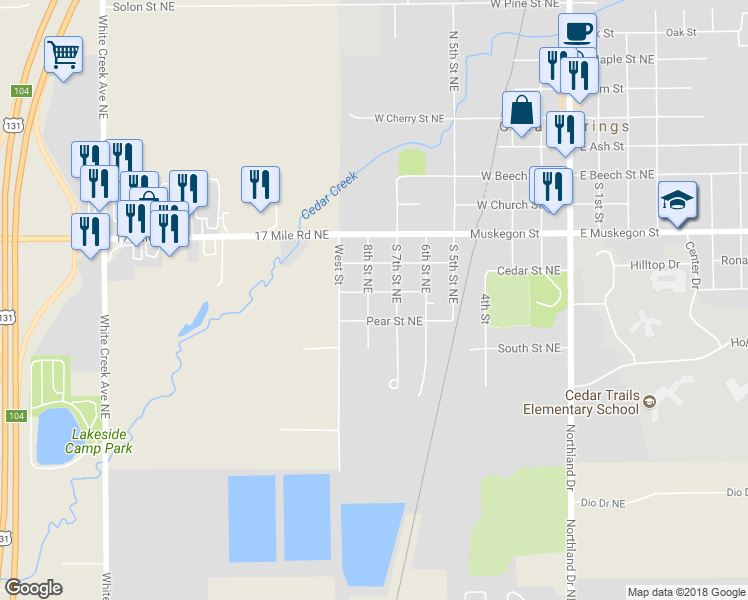 map of restaurants, bars, coffee shops, grocery stores, and more near 310 8th Street Northeast in Cedar Springs