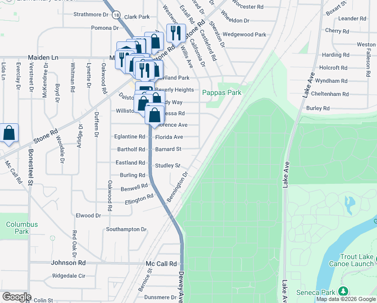 map of restaurants, bars, coffee shops, grocery stores, and more near 45 Barnard Street in Rochester