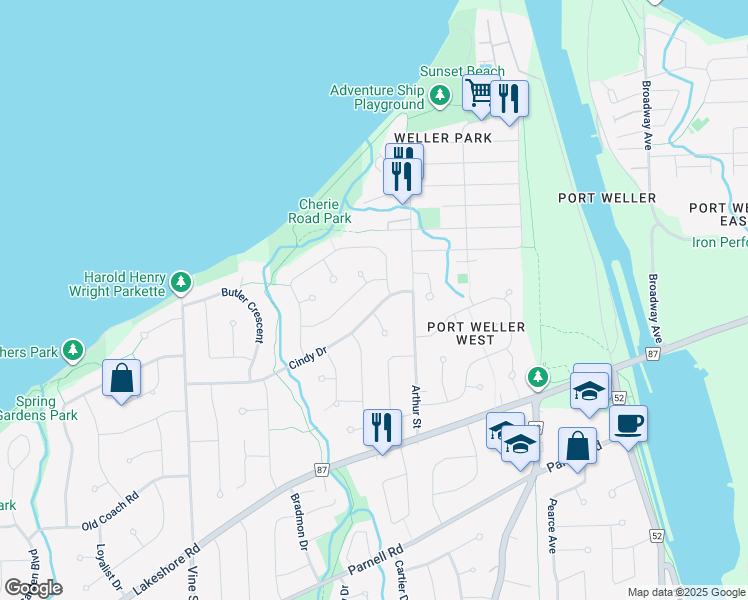 map of restaurants, bars, coffee shops, grocery stores, and more near 8 Cindy Drive in St. Catharines