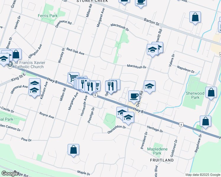 map of restaurants, bars, coffee shops, grocery stores, and more near 23 Spartan Avenue in Hamilton