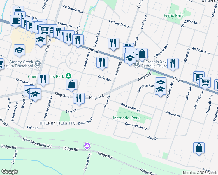 map of restaurants, bars, coffee shops, grocery stores, and more near 115 Green Road in Hamilton