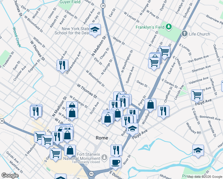 map of restaurants, bars, coffee shops, grocery stores, and more near 603 North Washington Street in Rome