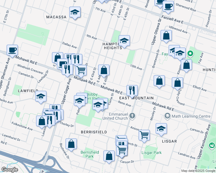 map of restaurants, bars, coffee shops, grocery stores, and more near 785 Mohawk Road East in Hamilton