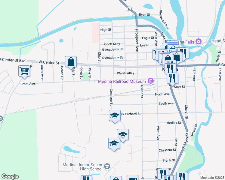 map of restaurants, bars, coffee shops, grocery stores, and more near 619 Genesee Street in Medina