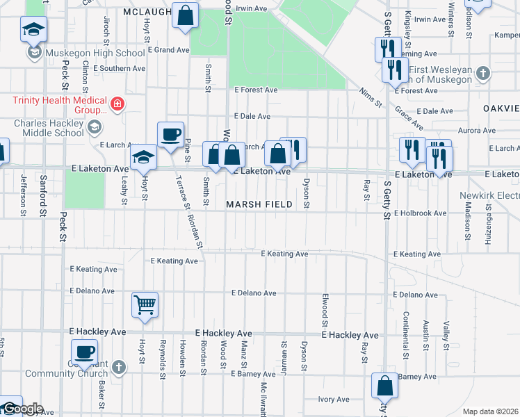 map of restaurants, bars, coffee shops, grocery stores, and more near 1885 Mc Ilwraith Street in Muskegon
