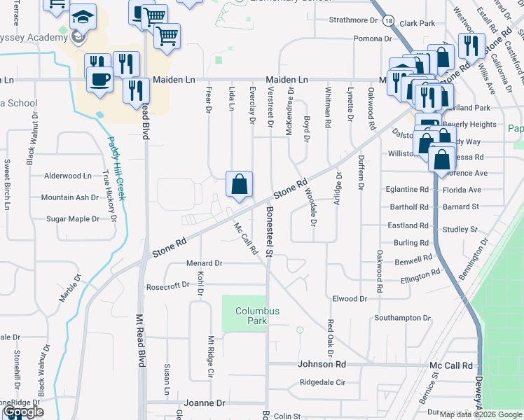 map of restaurants, bars, coffee shops, grocery stores, and more near 1007 Stone Road in Rochester