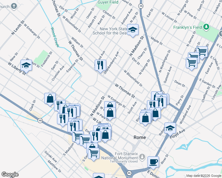 map of restaurants, bars, coffee shops, grocery stores, and more near 407 North Madison Street in Rome