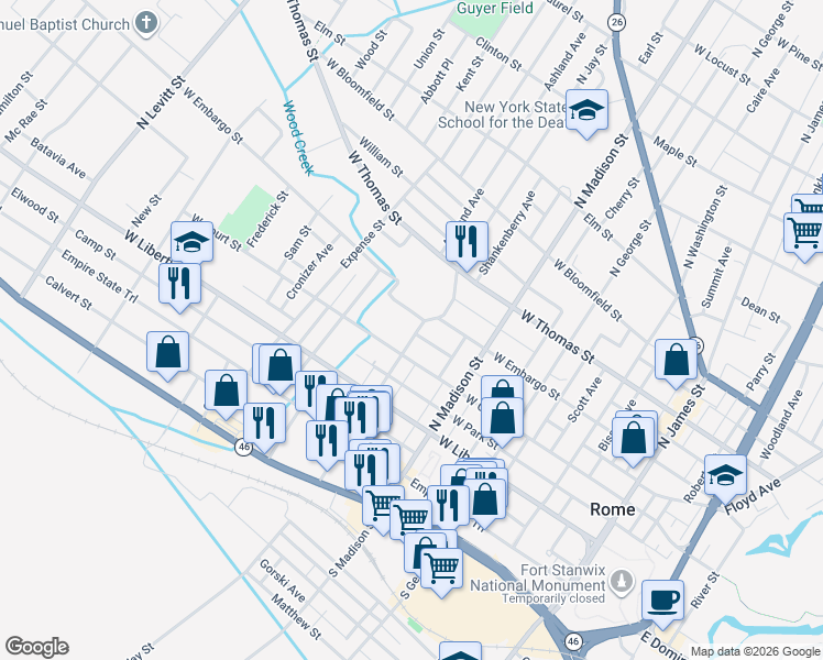 map of restaurants, bars, coffee shops, grocery stores, and more near 305 North Jay Street in Rome