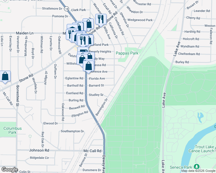 map of restaurants, bars, coffee shops, grocery stores, and more near 45 Barnard Street in Rochester
