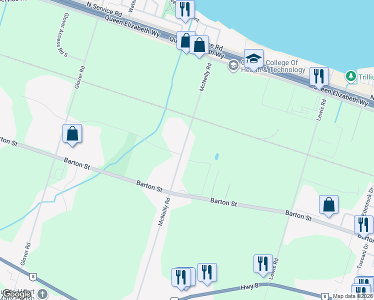 map of restaurants, bars, coffee shops, grocery stores, and more near 354 McNeilly Road in Hamilton