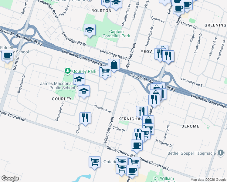 map of restaurants, bars, coffee shops, grocery stores, and more near 35 Springvalley Crescent in Hamilton