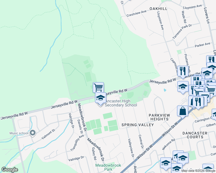 map of restaurants, bars, coffee shops, grocery stores, and more near 345 Jerseyville Road West in Hamilton