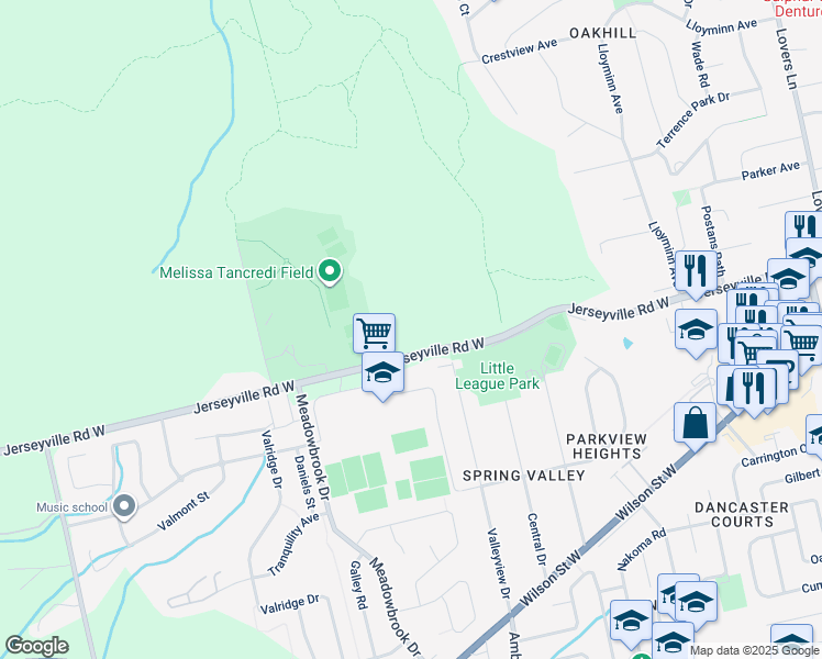 map of restaurants, bars, coffee shops, grocery stores, and more near 345 Jerseyville Road West in Hamilton