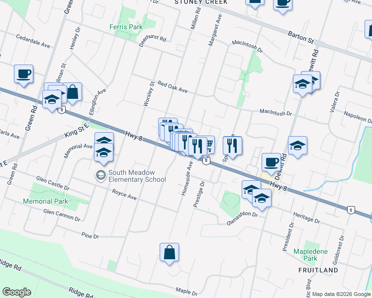 map of restaurants, bars, coffee shops, grocery stores, and more near 437 Highway 8 in Hamilton