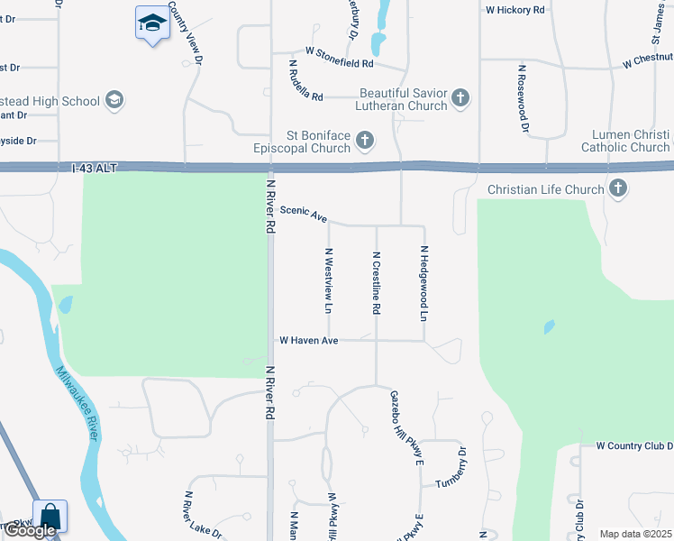 map of restaurants, bars, coffee shops, grocery stores, and more near 11002 North Westview Lane in Mequon