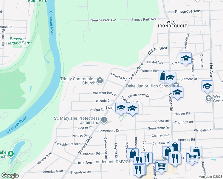 map of restaurants, bars, coffee shops, grocery stores, and more near 256 Chestnut Hill Drive in Rochester