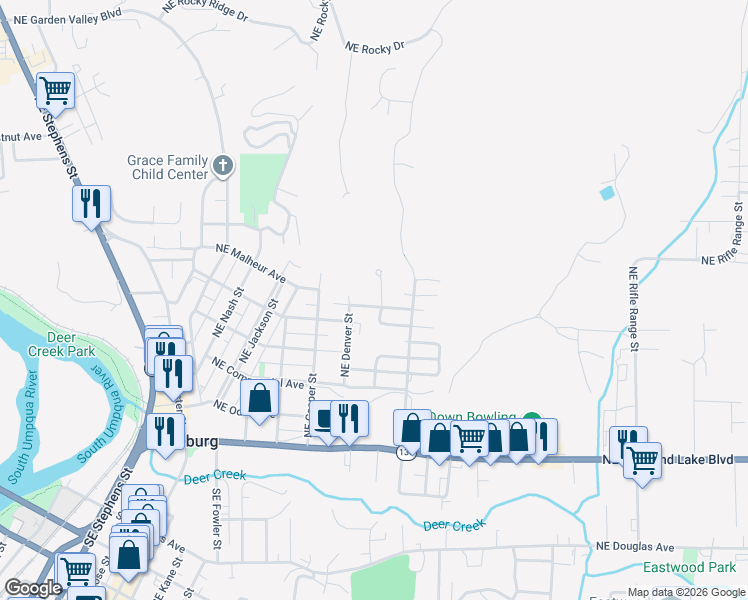 map of restaurants, bars, coffee shops, grocery stores, and more near 1944 Northeast Oswego Avenue in Roseburg