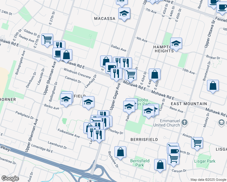 map of restaurants, bars, coffee shops, grocery stores, and more near 884 Upper Gage Avenue in Hamilton