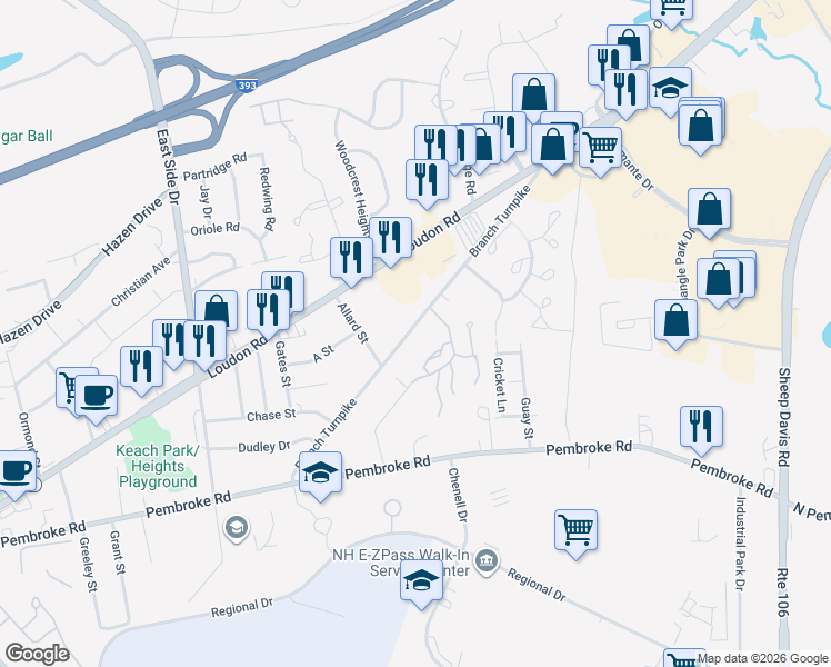 map of restaurants, bars, coffee shops, grocery stores, and more near 50 Branch Turnpike in Concord