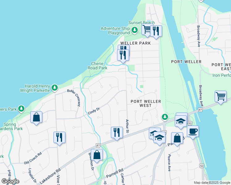 map of restaurants, bars, coffee shops, grocery stores, and more near 8 Cindy Drive in St. Catharines