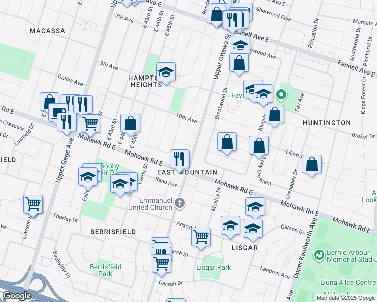 map of restaurants, bars, coffee shops, grocery stores, and more near 776 Upper Ottawa Street in Hamilton