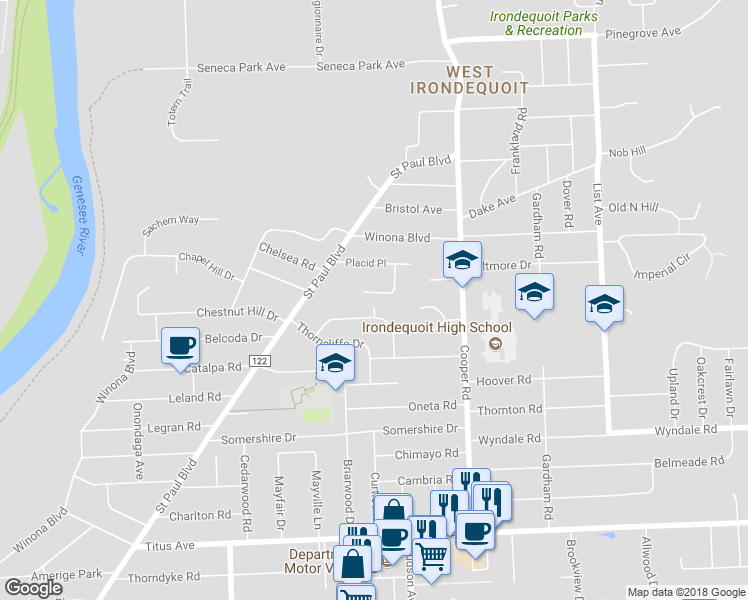 map of restaurants, bars, coffee shops, grocery stores, and more near 7 Brentfield Circle in Rochester