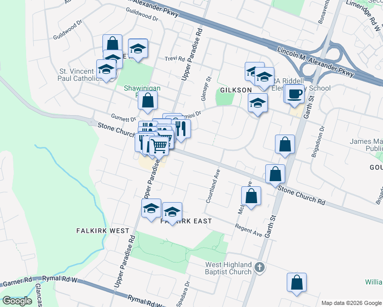map of restaurants, bars, coffee shops, grocery stores, and more near 598 Stone Church Road West in Hamilton