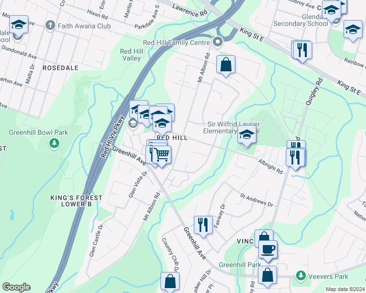 map of restaurants, bars, coffee shops, grocery stores, and more near 193 Mount Albion Road in Hamilton