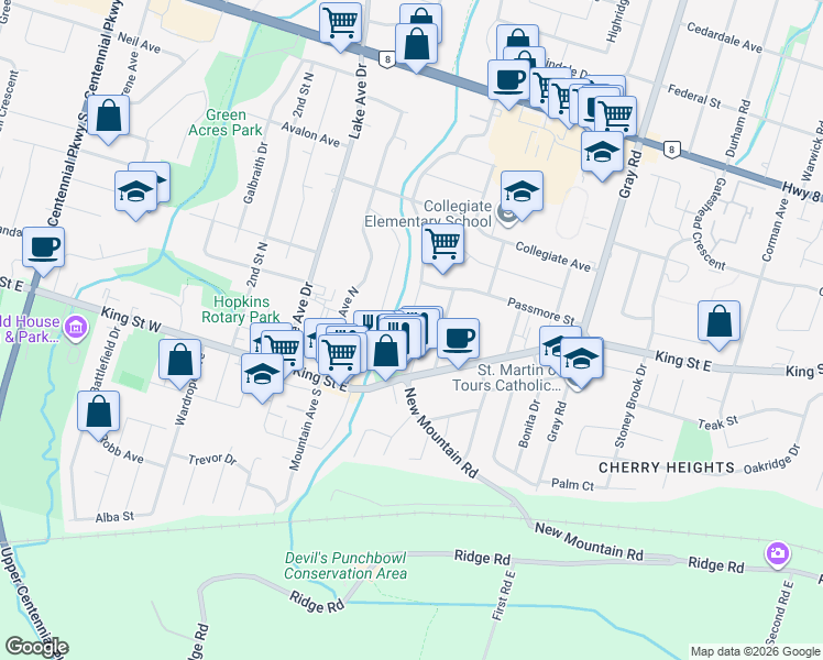 map of restaurants, bars, coffee shops, grocery stores, and more near 21 Rosedale Court in Hamilton