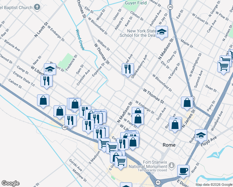 map of restaurants, bars, coffee shops, grocery stores, and more near 305 North Jay Street in Rome