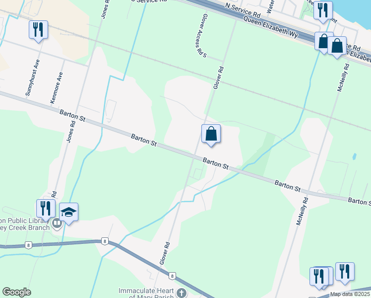map of restaurants, bars, coffee shops, grocery stores, and more near 889 Barton Street in Hamilton