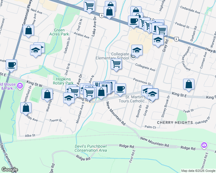 map of restaurants, bars, coffee shops, grocery stores, and more near 23 Rosedale Court in Hamilton