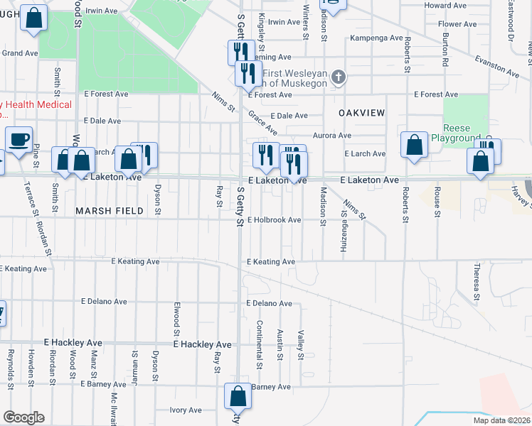 map of restaurants, bars, coffee shops, grocery stores, and more near 1876 Continental Street in Muskegon