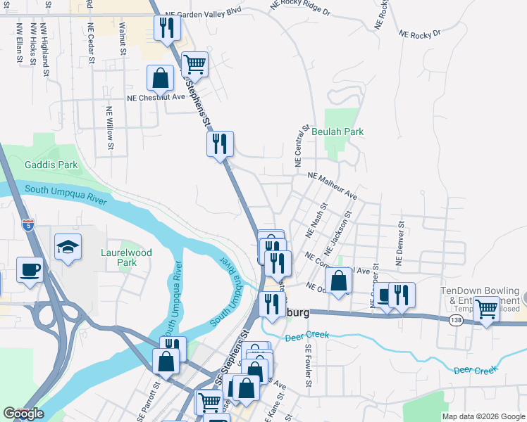 map of restaurants, bars, coffee shops, grocery stores, and more near 587 Northeast Winchester Street in Roseburg