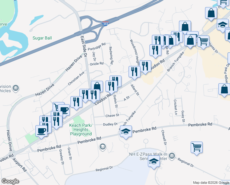 map of restaurants, bars, coffee shops, grocery stores, and more near 174 Loudon Road in Concord