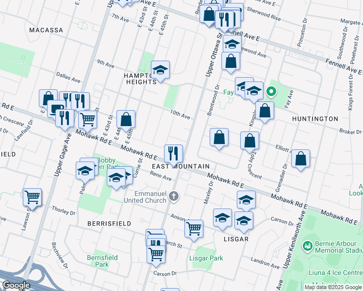 map of restaurants, bars, coffee shops, grocery stores, and more near 776 Upper Ottawa Street in Hamilton