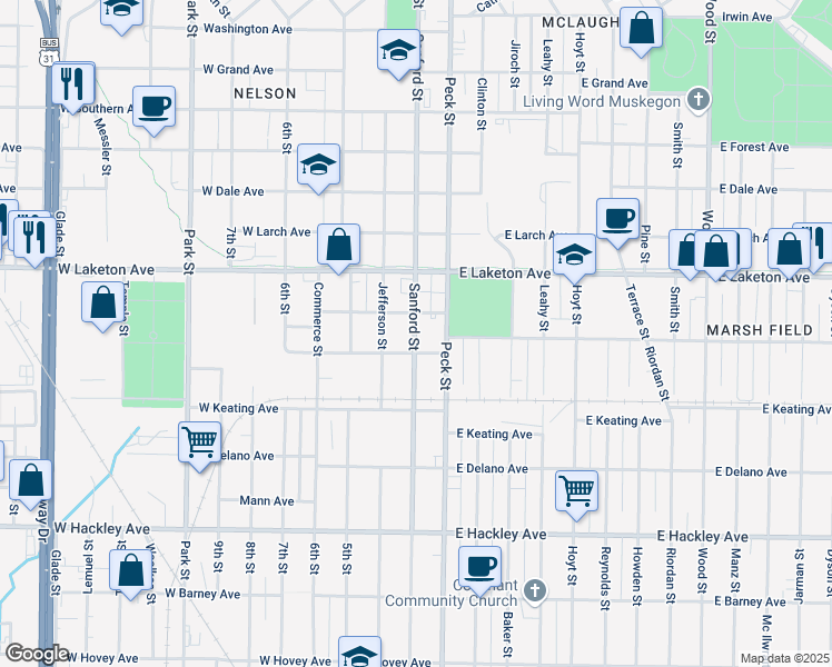 map of restaurants, bars, coffee shops, grocery stores, and more near 1895 Sanford Street in Muskegon